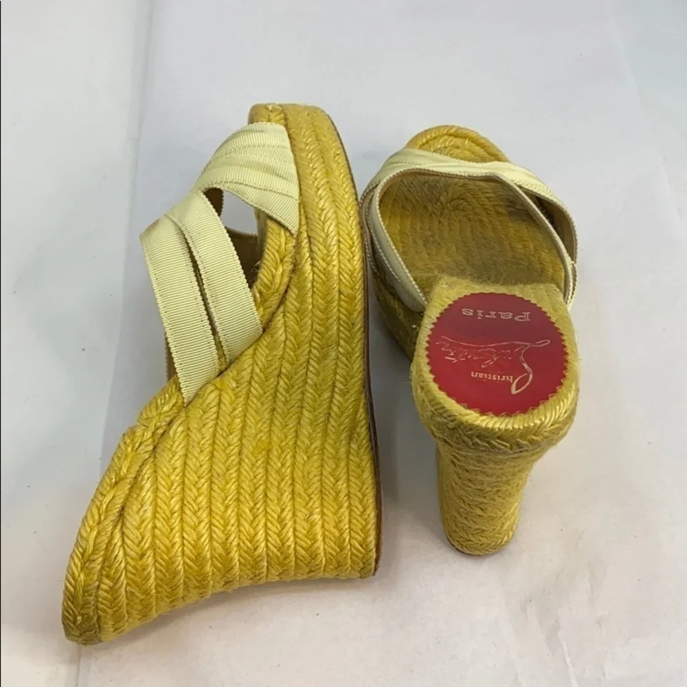 Christian Louboutin Sz 6 Yellow Ribbon Espadrille Wedges Heels Backless Sandals